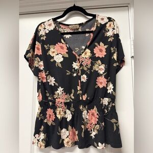 Lavish Floral Peplum Top XL Black Pink Short Sleeve V-Neck Boho Blouse